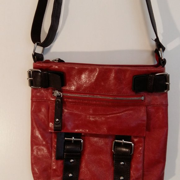 DANIER LEATHER red bag with brown buckles. Great condition! - Picture 2 of 5
